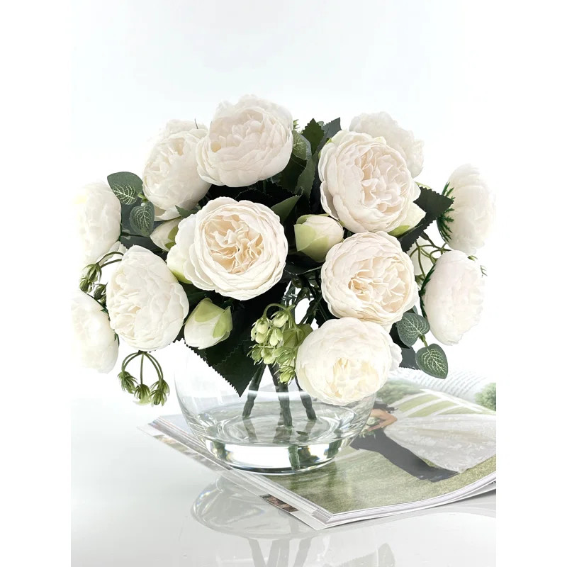 Peonies In Glass Vase, French Floral Artificial Flower Arrangement | Wayfair North America