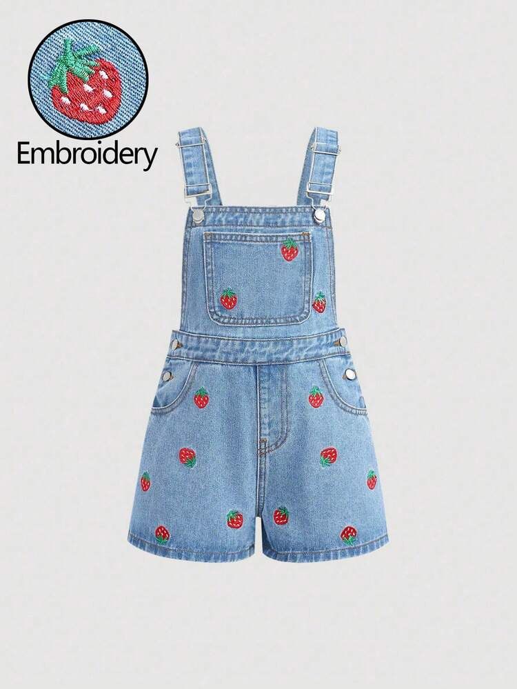 Girlism Tween Girl Strawberry Embroidered Pocket Casual Denim Romper,Suitable For Daily Travel, O... | SHEIN