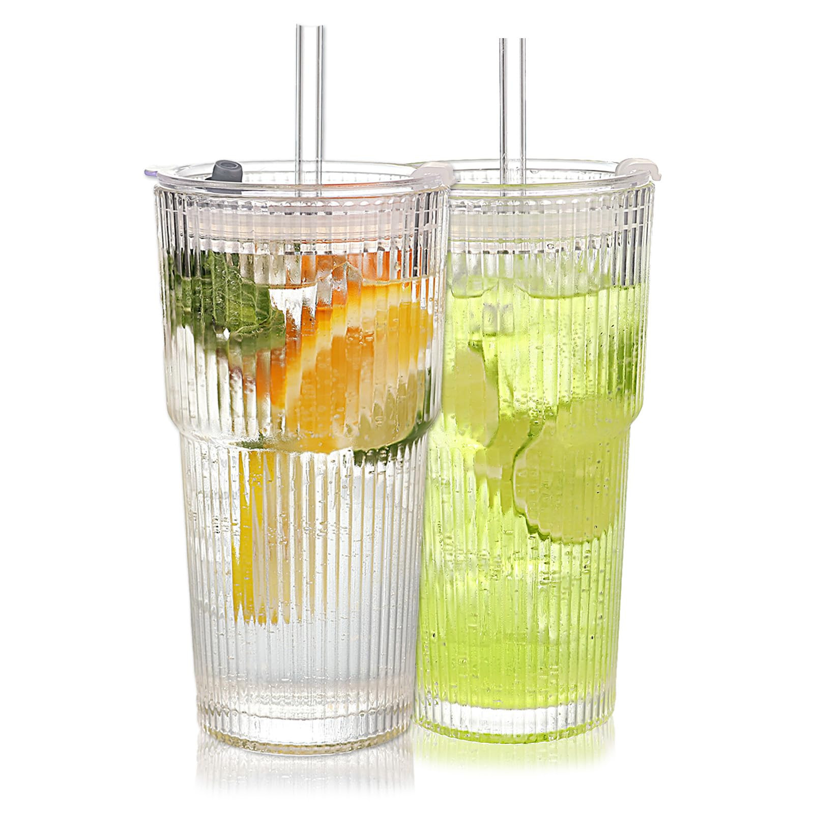 Set of 2 Ribbed Glass Tumbler with Lids and Straws, 20oz Vintage Clear Glass cups, Large capacity... | Amazon (US)