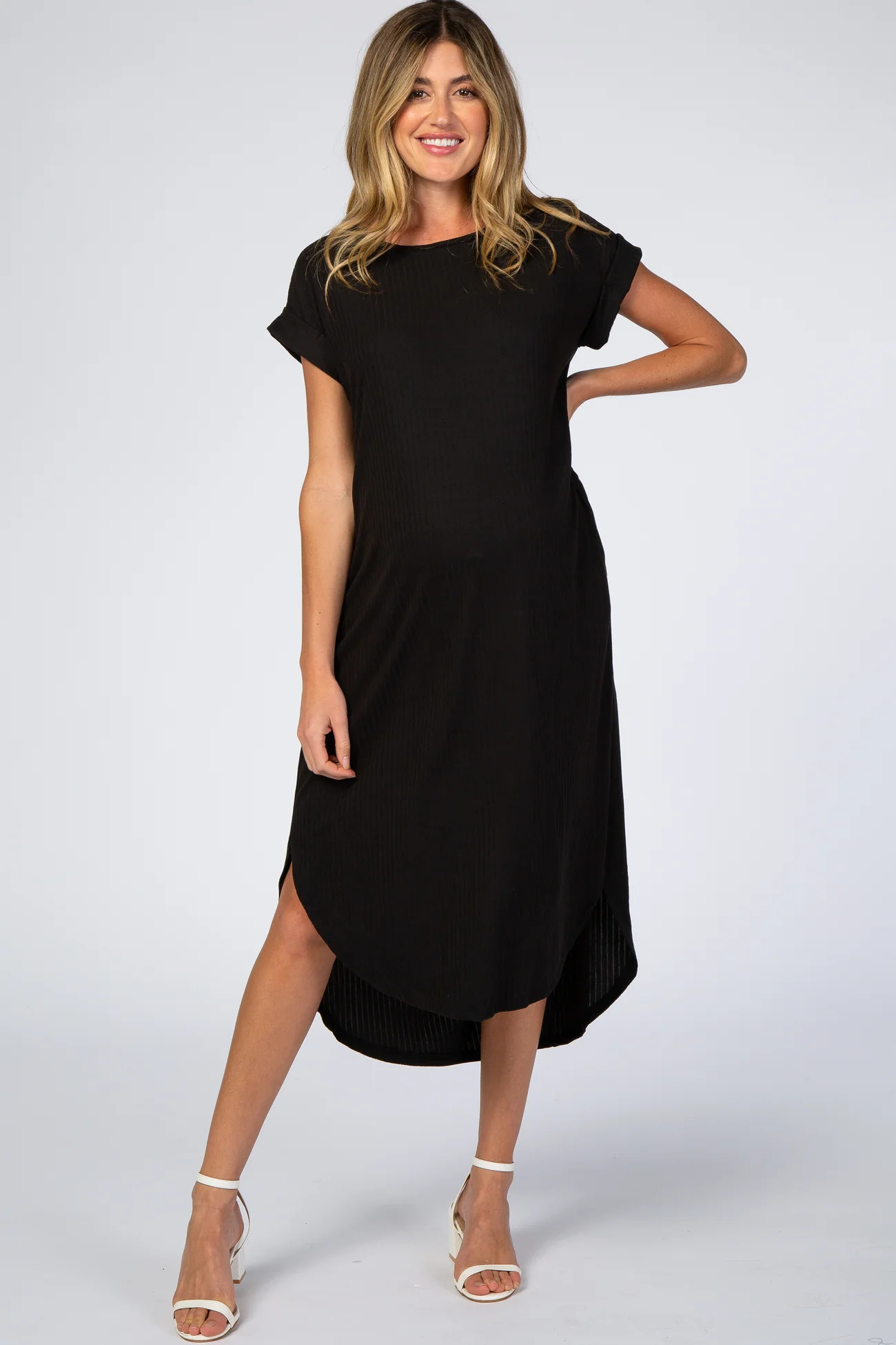 Black Ribbed Curved Hem Maternity Midi Dress | PinkBlush Maternity