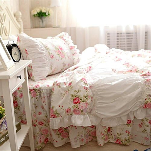 FADFAY Duvet Cover Set 4-Pieces Farmhouse Bedding Set Shabby Pink Rose Floral Print with Bedskirt 10 | Amazon (US)