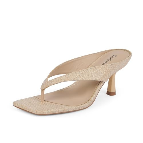 VIUGJNEX Women Sandals Beige Kitten Flip Flop Heels for Women Strappy Thong Heel Small Low Short Beige Sandals Slip on Heeled Slingback Sexy Comfortable Square Open Toe Sandals Size 8.5 | Amazon (US)