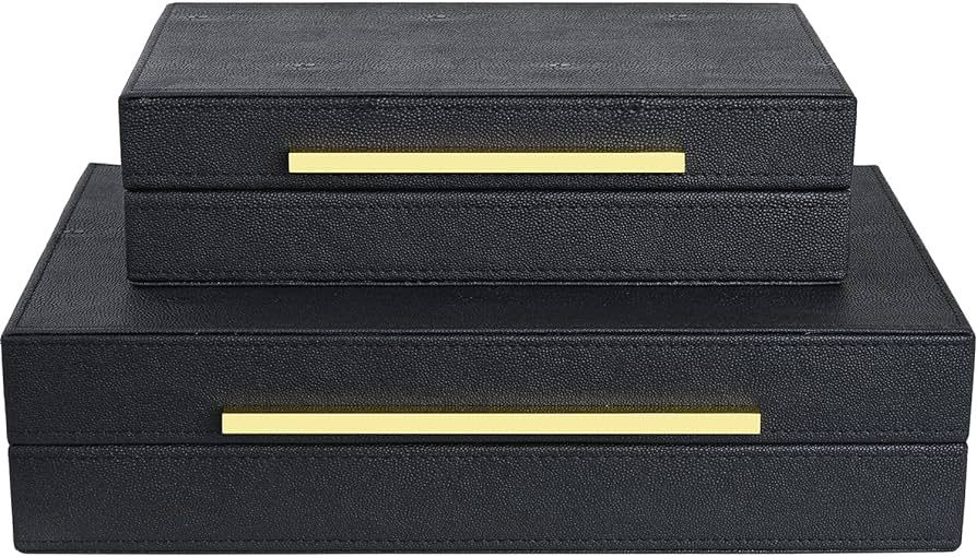 Black Shagreen box Set of 2 Faux Leather Decorative Boxes,Large Nesting Storage Decorative Boxes ... | Amazon (US)