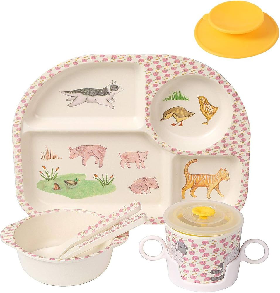 shopwithgreen 7Pcs/Set Bamboo Kids Dinnerware Set - Children Dishes - Food Plate Bowl Cup Spoon F... | Amazon (US)