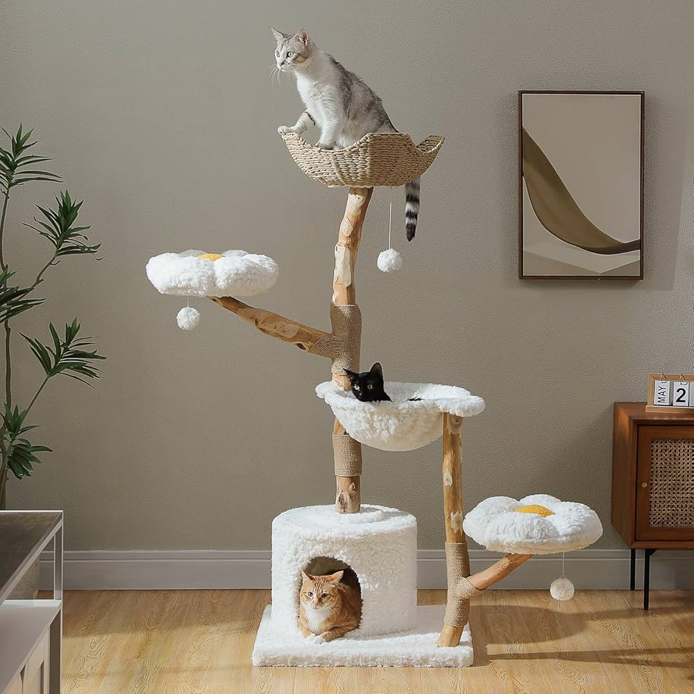 59" Modern Cat Tree Tower for Large Cats w/2 Flower Perches-Natural Solid Wood Scratching Post wi... | Amazon (US)