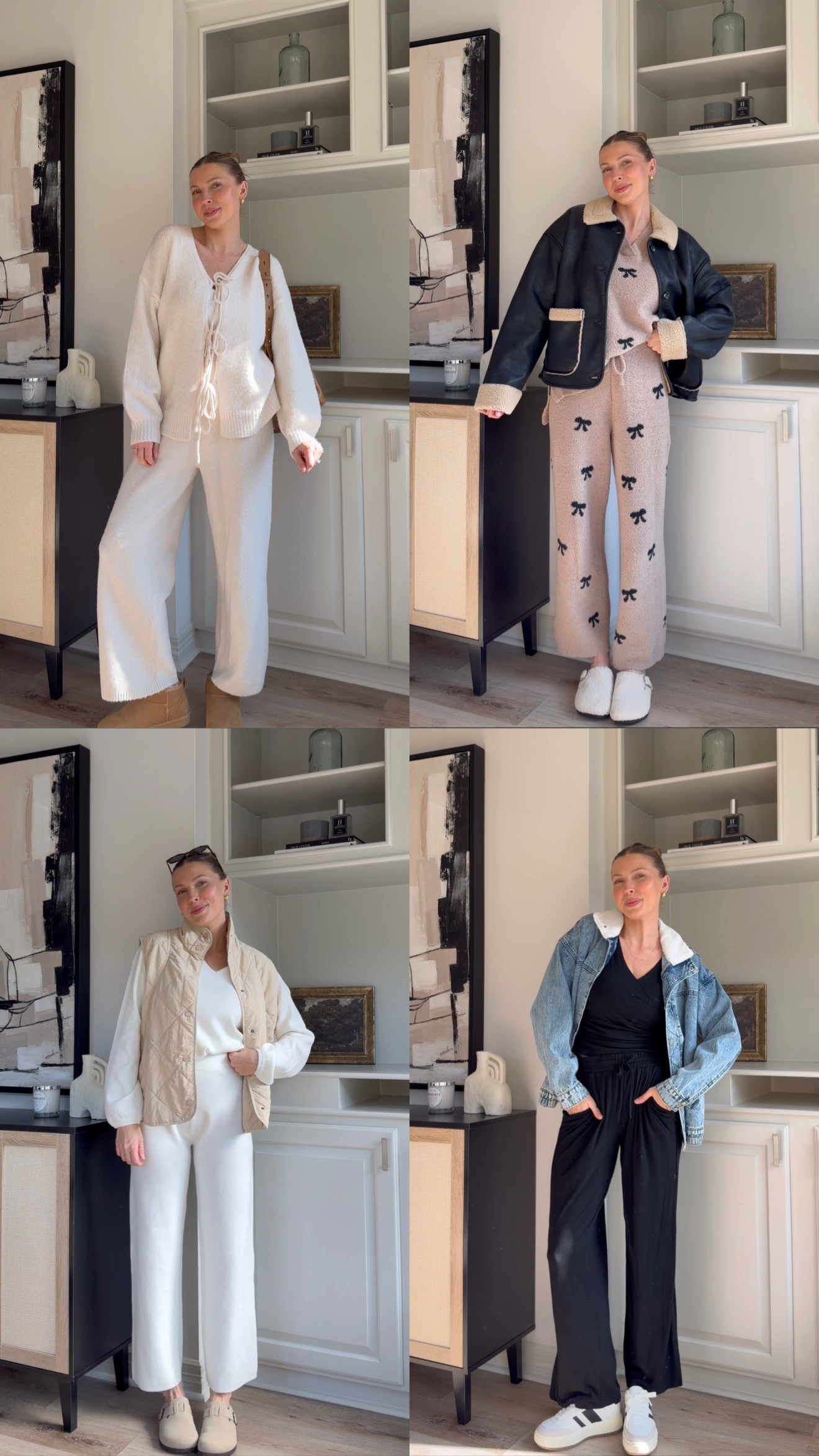 Cozy lounge sets styled for winter! Wearing M in white tie up set, M in bow set, M in white set, and S in black wrap set. 

 #LTKTall #LTKFindsUnder50 #LTKFindsUnder100