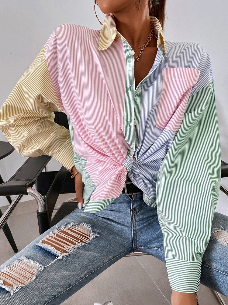 Striped Colorblock Button Front Blouse | SHEIN
