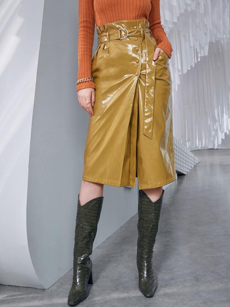 SHEIN Paperbag Waist Belted PU Leather Skirt | SHEIN
