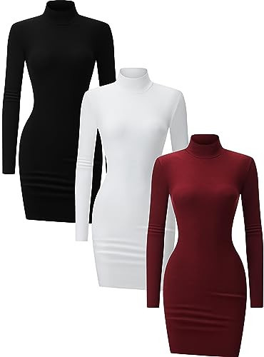 Chongbaijia 3 Pack Women's Long Sleeve Dress Mock Turtleneck Slim Fit Going Out Dresses Mini Dresses Fall Winter Fashion Clothes 2025 | Amazon (US)