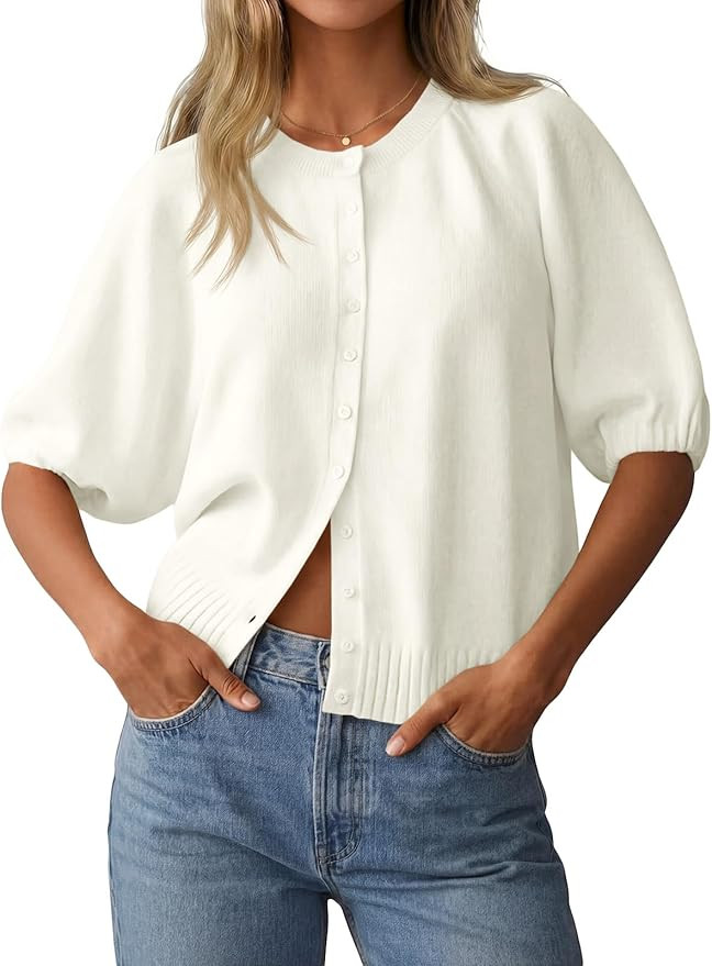 Saodimallsu Womens Puff Half Sleeve Cardigan Lightweight Knit 2026 Spring Summer Crew Neck Button... | Amazon (US)