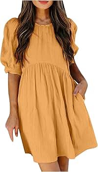 HTHLVMD Womens Round Neck Dress Long Puff Sleeve A-Line Casual Short Mini Dress | Amazon (US)