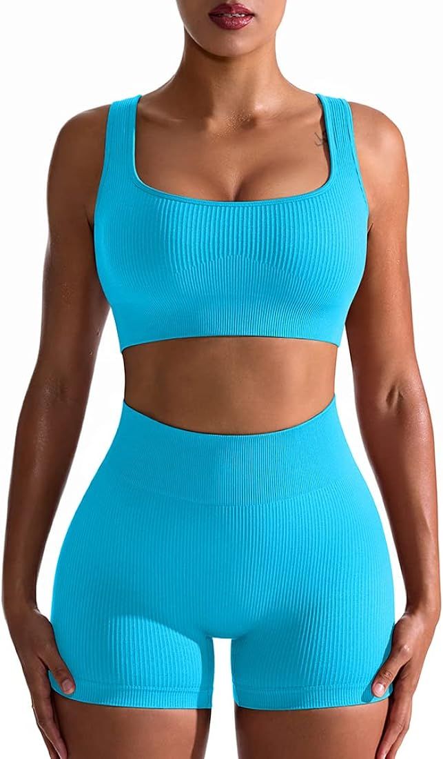 OQQ Workout Outfits for Women 2 Piece Seamless Ribbed High Waist Leggings with Sports Bra Exercise S | Amazon (US)