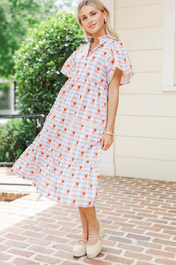 Feeling Your Best Blue Gingham Apple Print Midi Dress | The Mint Julep Boutique