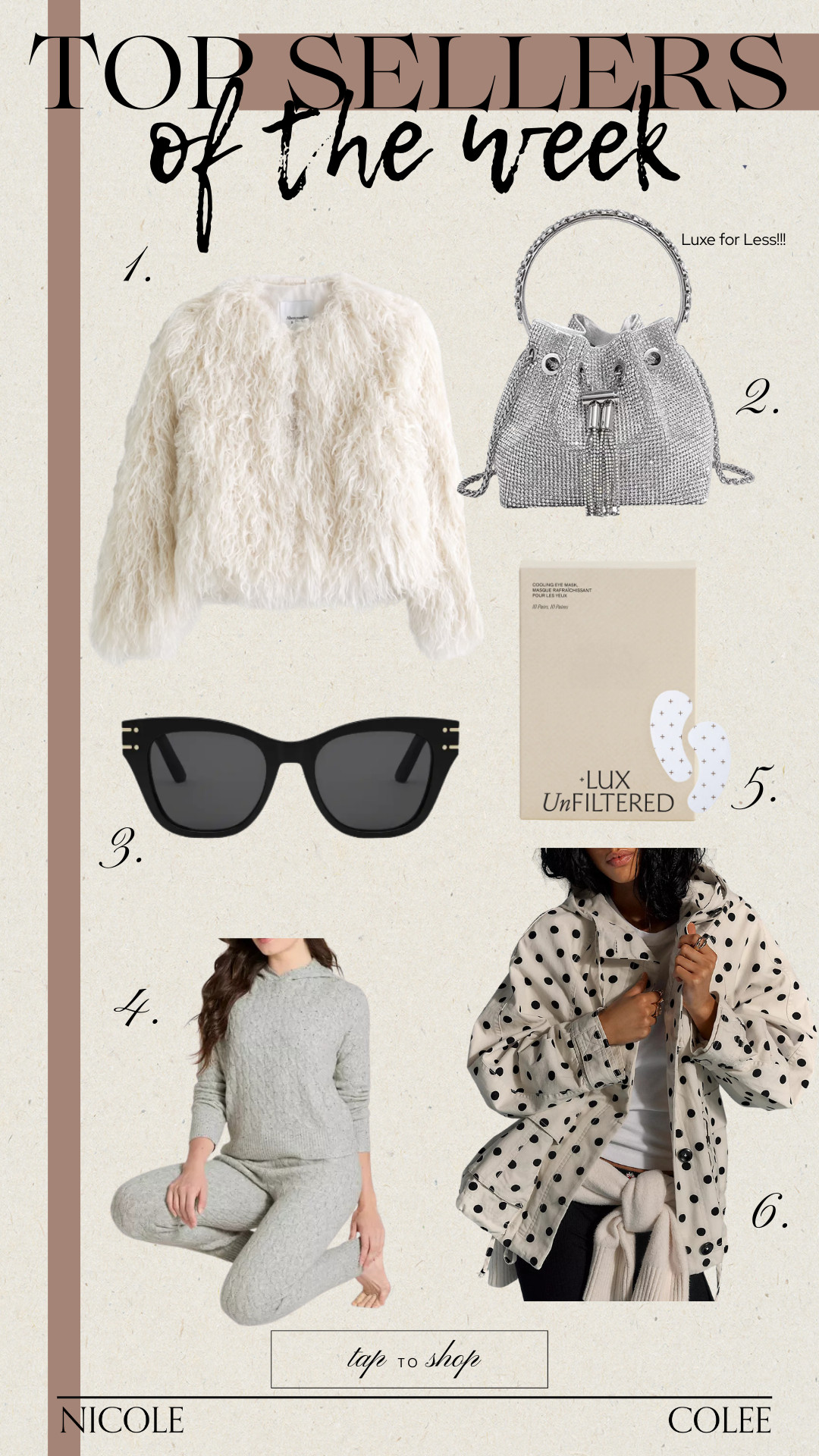 Your faves from the week!!  Grab them here!

Eye mask, look for less, purse, bag, jimmy choo, amazon, abercrombie, dior, lux unfiltered, free people, target, nicole colee, loungewear, jacket, faux fur 

 #LTKGiftGuide #LTKSeasonal #LTKOver40