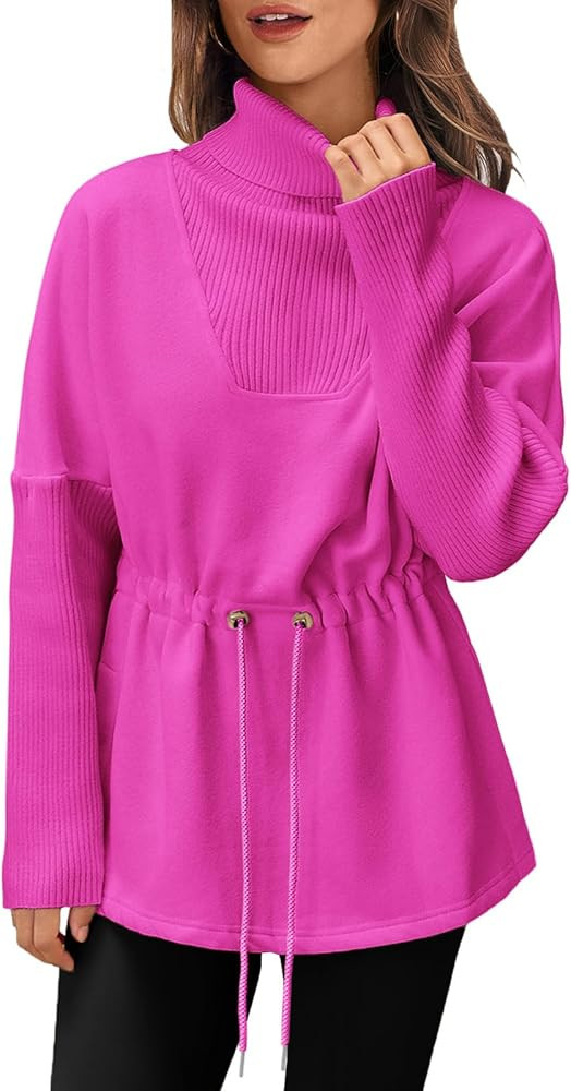 Fisoew Women's Turtleneck Sweatshirts Fleece Drawstring Waist Casual Long Sleeve Pullover Sweater... | Amazon (US)