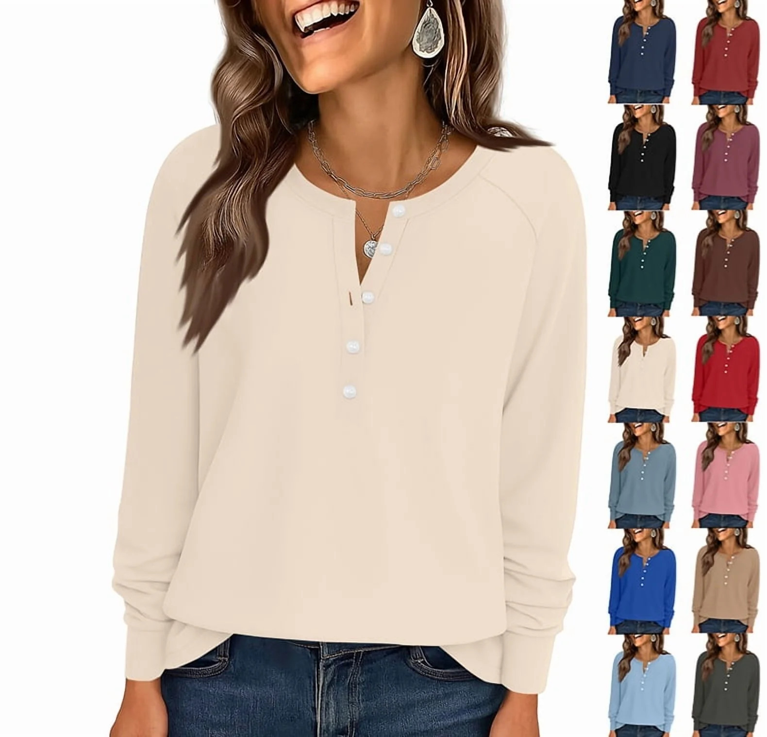 Womens 2025 Blouse Winter Fall Long Sleeve Tunic Tops Casual V Neck Button T-Shirts Beige XXL | Walmart (US)