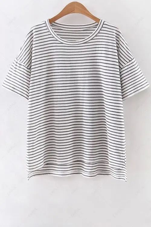 Striped Round Neck Half Sleeve High Low Hem T-Shirt | ZAFUL (Global)