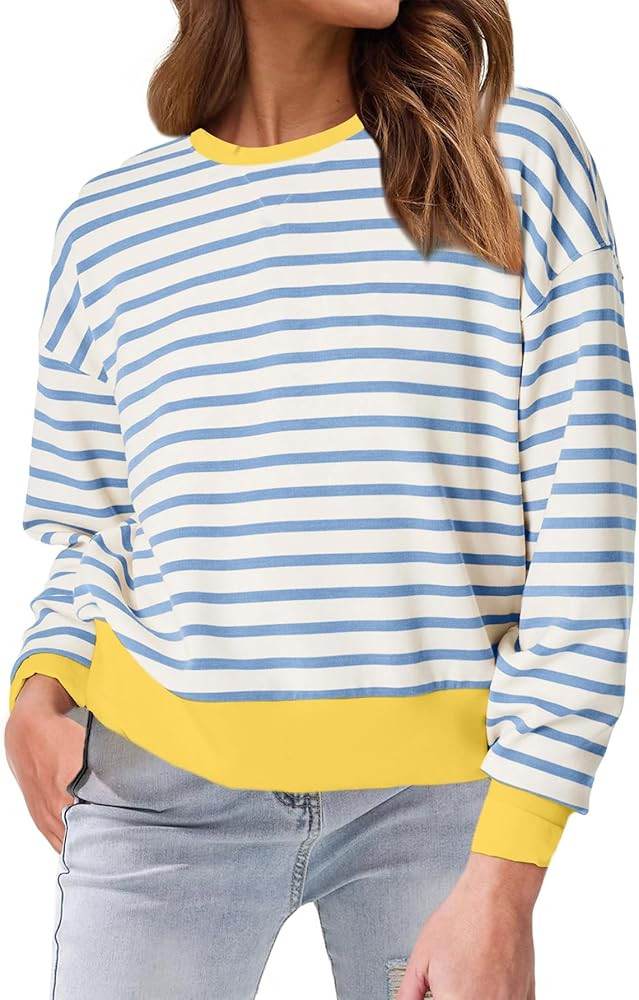 Glamaker Women's Striped Crewneck Sweatshirt Pullover Casual Long Sleeve Cropped Shirts Loose Fit... | Amazon (US)