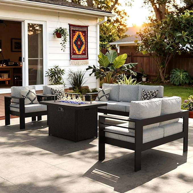 LayinSun Aluminum Furniture Set with Fire Pit Table, 5 Pieces Patio Sectional Conversation Chat S... | Amazon (US)