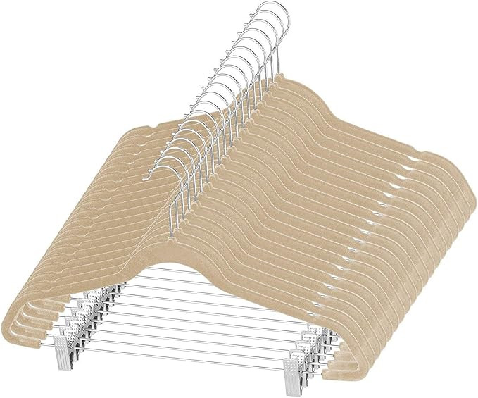 Zober Velvet Hangers with Clips - Pack of 20 Metal Clip Hangers for Pants - Notched Ivory Velvet ... | Amazon (US)