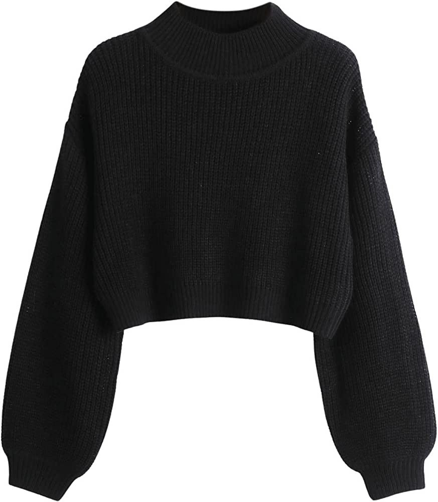 SweatyRocks Women's Long Sleeve High Neck Drop Shoulder Pullover Sweater Ribbed Knit Crop Top | Amazon (US)