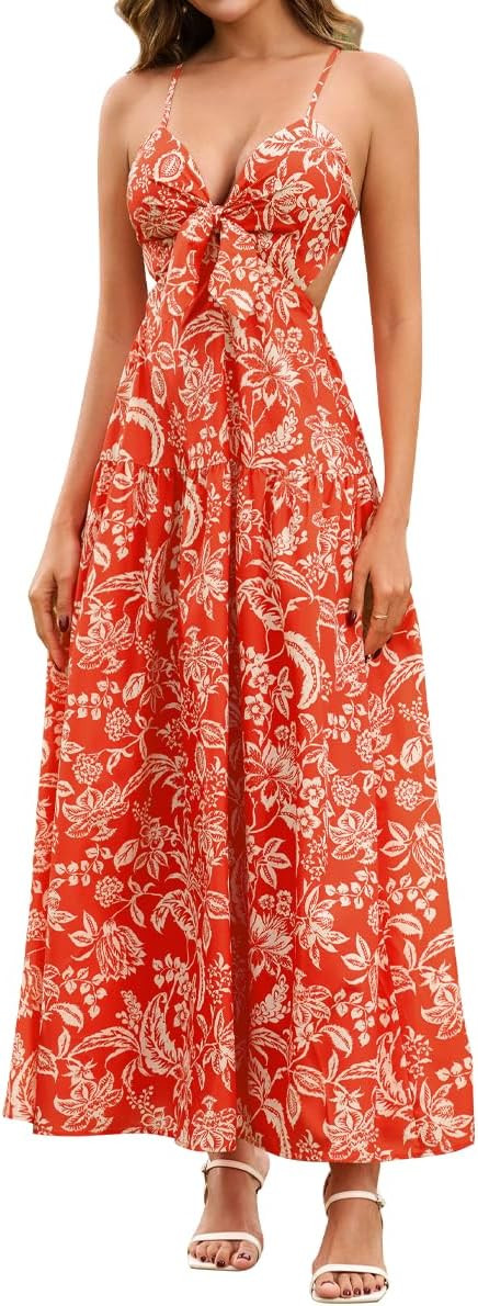 Summer Floral Maxi Dress Cut Out Boho Spaghetti Strap Bow Tie Lace Up A Line Beach Vacation Dress... | Amazon (US)