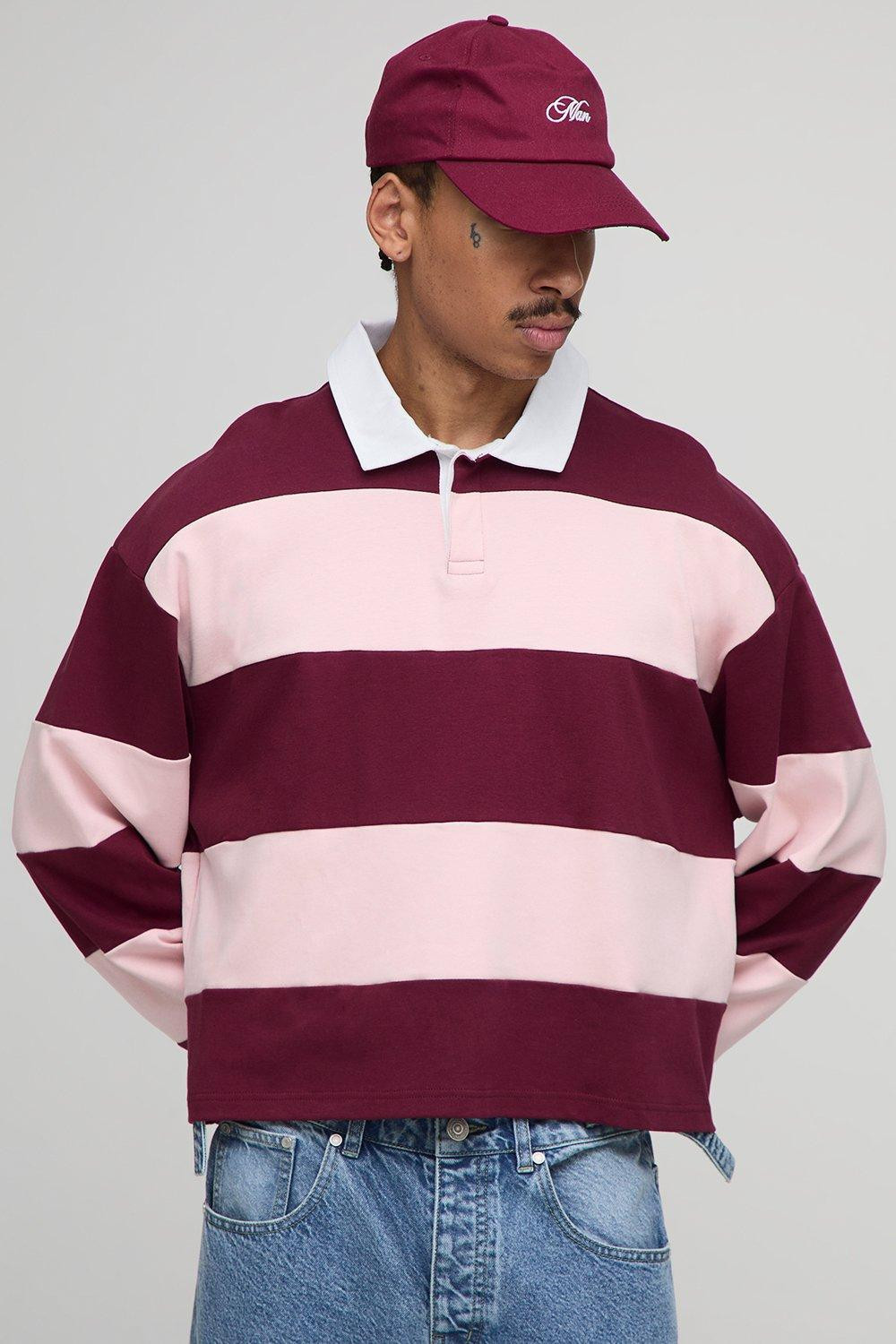 Oversized Shrunken Stripe Interlock Long Sleeve Rugby Polo | boohooMAN (DE, IE & UK)