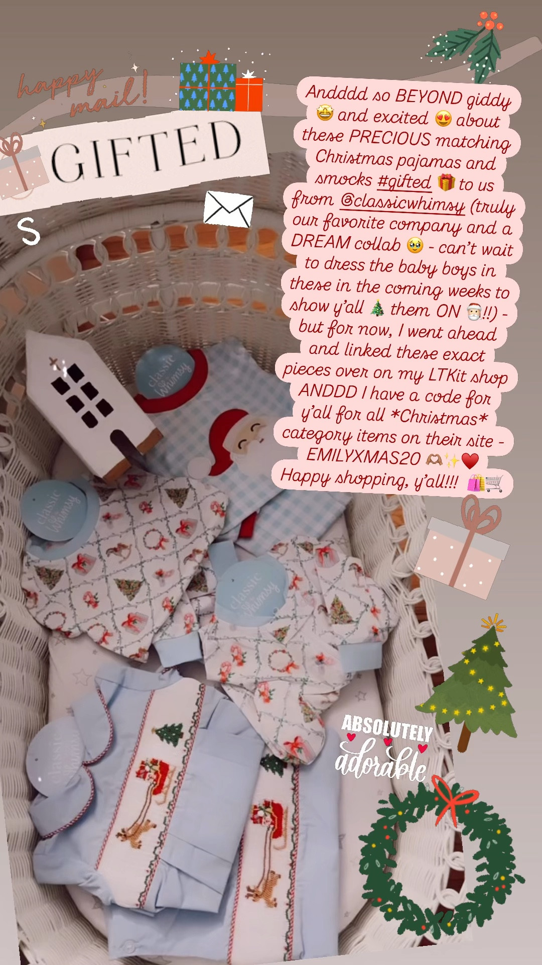 Andddd so BEYOND giddy 🤩 and excited 😍 about these PRECIOUS matching Christmas pajamas and smocks #gifted 🎁 to us from @classicwhimsy (truly our favorite company and a DREAM collab 🥹 - can’t wait to dress the baby boys in these in the coming weeks to show y’all 🎄 them ON 🎅🏻!!) - but for now, I went ahead and linked these exact pieces over on my LTKit shop ANDDD I have a code for y’all for all *Christmas* category items on their site - EMILYXMAS20 🫶🏽✨♥️ Happy shopping, y’all!!!  🛍️🛒 

#LTKBaby #LTKSeasonal #LTKHoliday