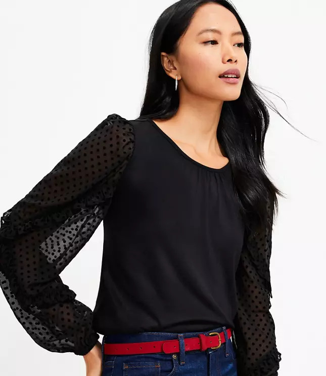 Velvet Dot Ruffle Sleeve Mixed Media Top | LOFT