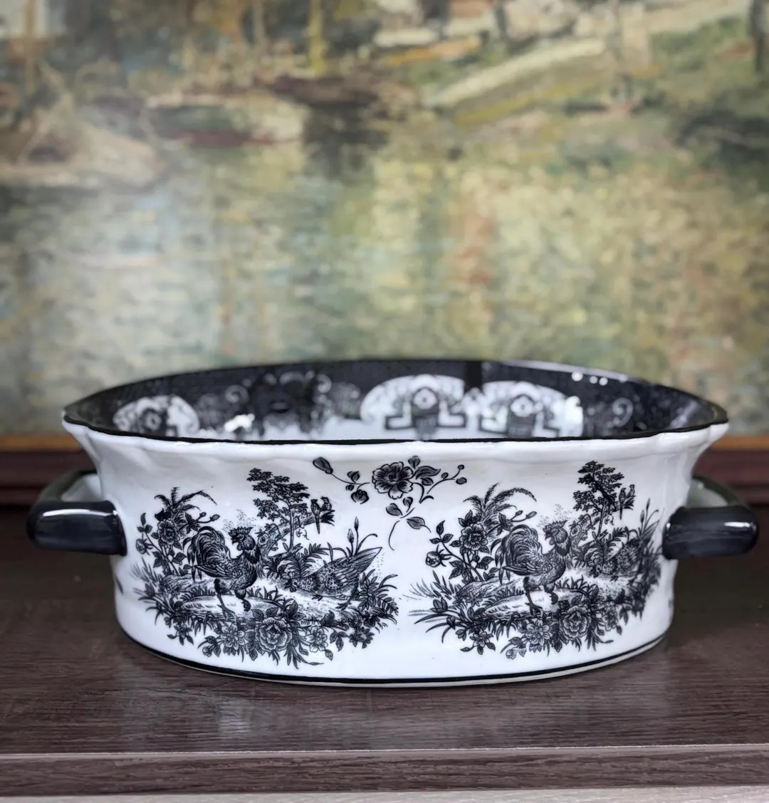 Black White Toile Oval Footbath Jardiniere Planter Rooster French Country Ceramic De Chang Tao Ci | Etsy (Global)