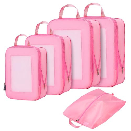 5 Set Carry on Compression Packing Cubes Travel for Suitcases ，Compressible Mesh Packing Cubes for Travel Women Packing Organizers Ultralight (Pink) | Amazon (US)