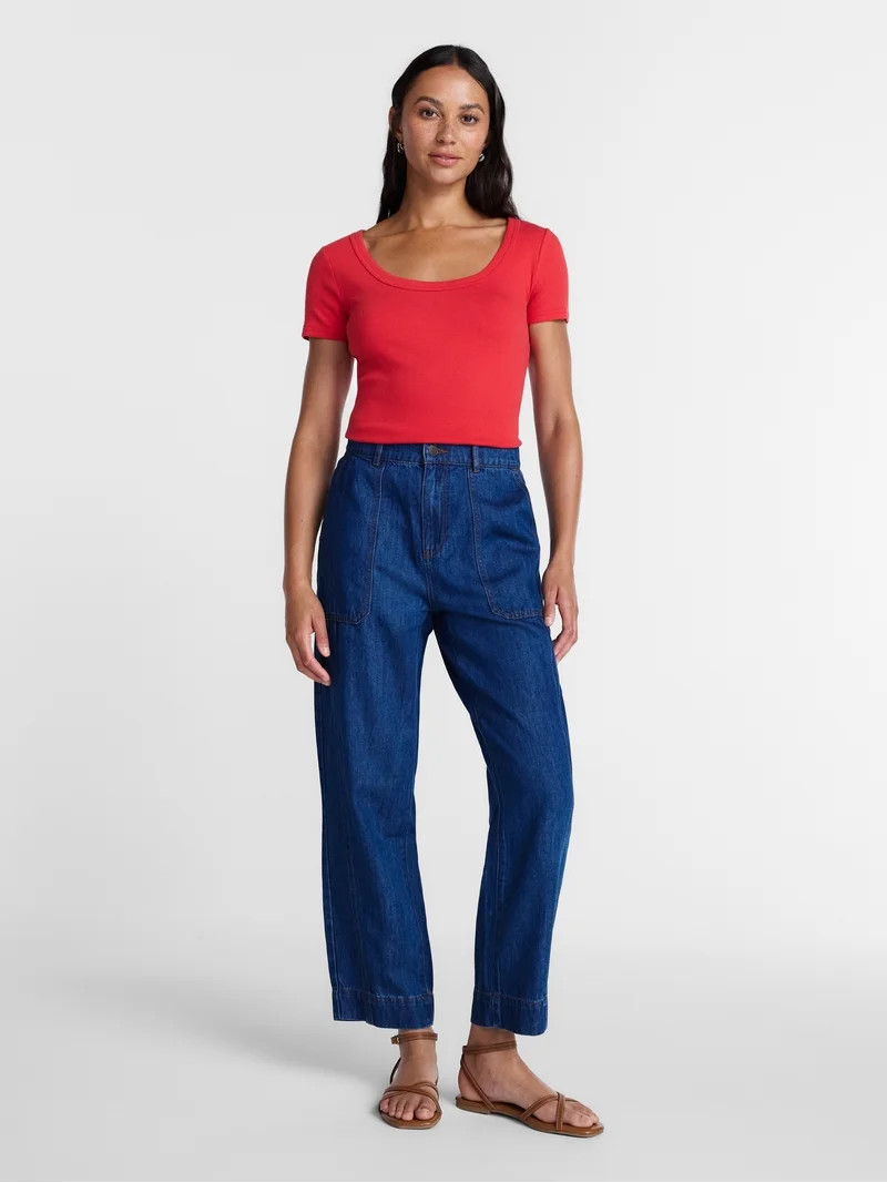 Time and Tru Women's Ribbed Scoop Neck Tee with Short Sleeves, Sizes XS-XXXL | Walmart (US)