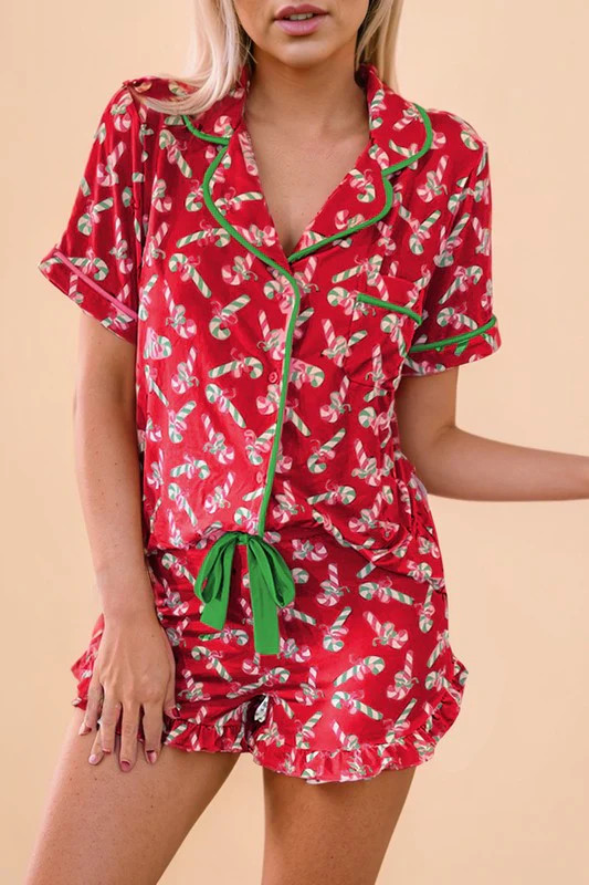 Christmas Candy Cane Print Knotted Pajama Set M | Casual Chic Boutique