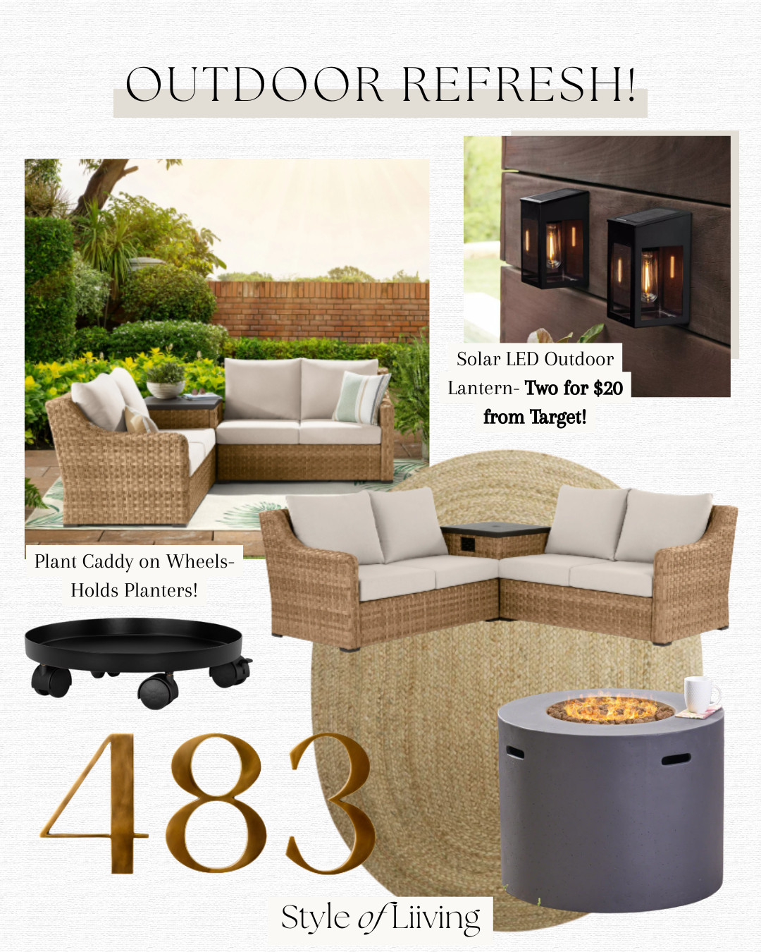 Outdoor refresh! Sectional sofa from Walmart, round fire pit, brass house numbers from CB2, solar led lanterns, plant caddy on wheels, oval jute area rugs.
#outdoorrefresh #outdoorfurniture #sectional #walmart #target #wayfair #cb2 #firepit #juterug #planterstand #lantern 

 #LTKSeasonal #LTKHome #LTKFindsUnder100