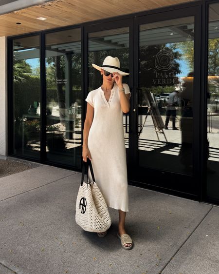 The comfiest sweater dress I own, lightweight knit, loose fit size XS 
Raffia bag (my most worn) loving this hat that is easy to pack and large enough brim that protects my face from the sun! Size small 

#LTKstyletip #LTKitbag #LTKover40