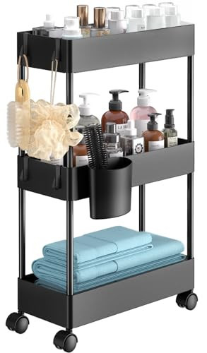 Pipishell Slim Storage Cart with Wheels - 3 Tier Bathroom Organizers and Storage Cart - Rolling Carts for Bathroom, Kitchen, Narrow Space, Laundry Room,Black | Amazon (US)