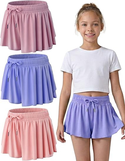 3 Pack Girls Flowy Shorts with Spandex Liner 2-in-1 Youth Butterfly Skirts for Fitness, Running, ... | Amazon (US)