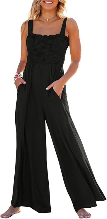 Caracilia Womens Casual Loose Sleeveless Tank Jumpsuits Square Collar Smocked Wide Leg Jumpsuit R... | Amazon (US)
