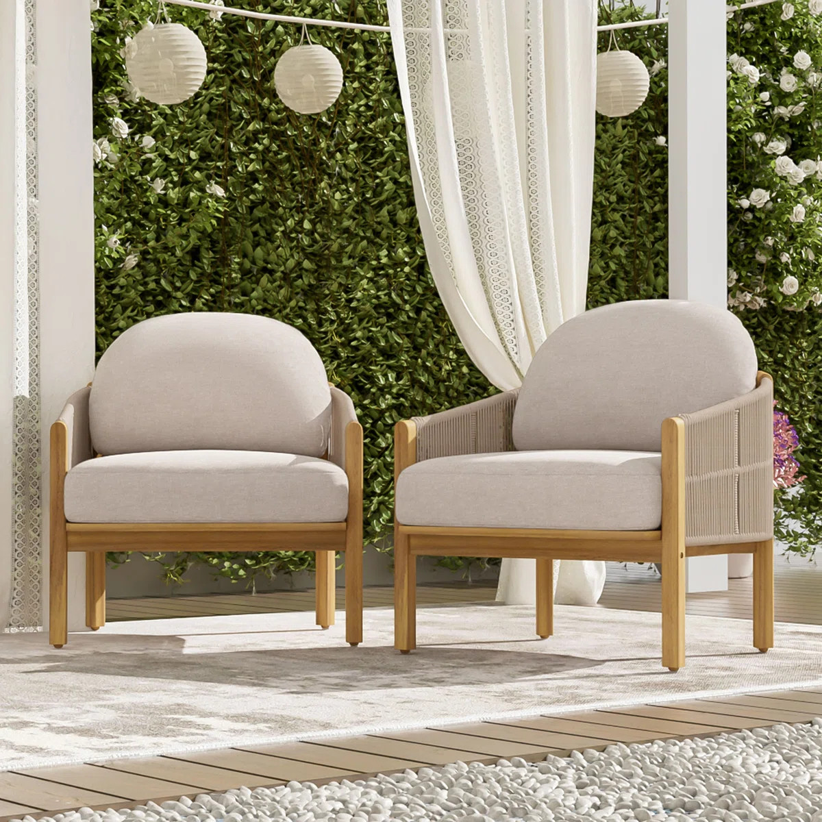 Jae Outdoor Acacia Wood Woven Rope Lounge Chair With Cushions (Set of 2) | Wayfair North America