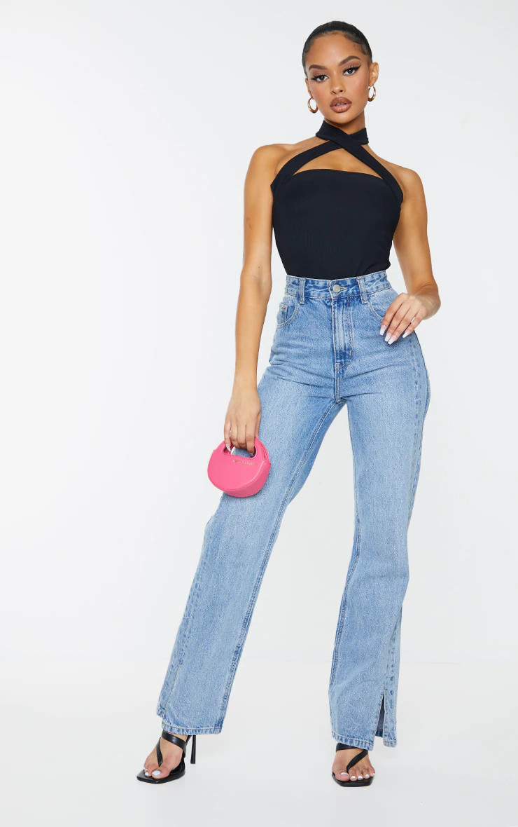 Black Textured Rib Halterneck Bodysuit | PrettyLittleThing US