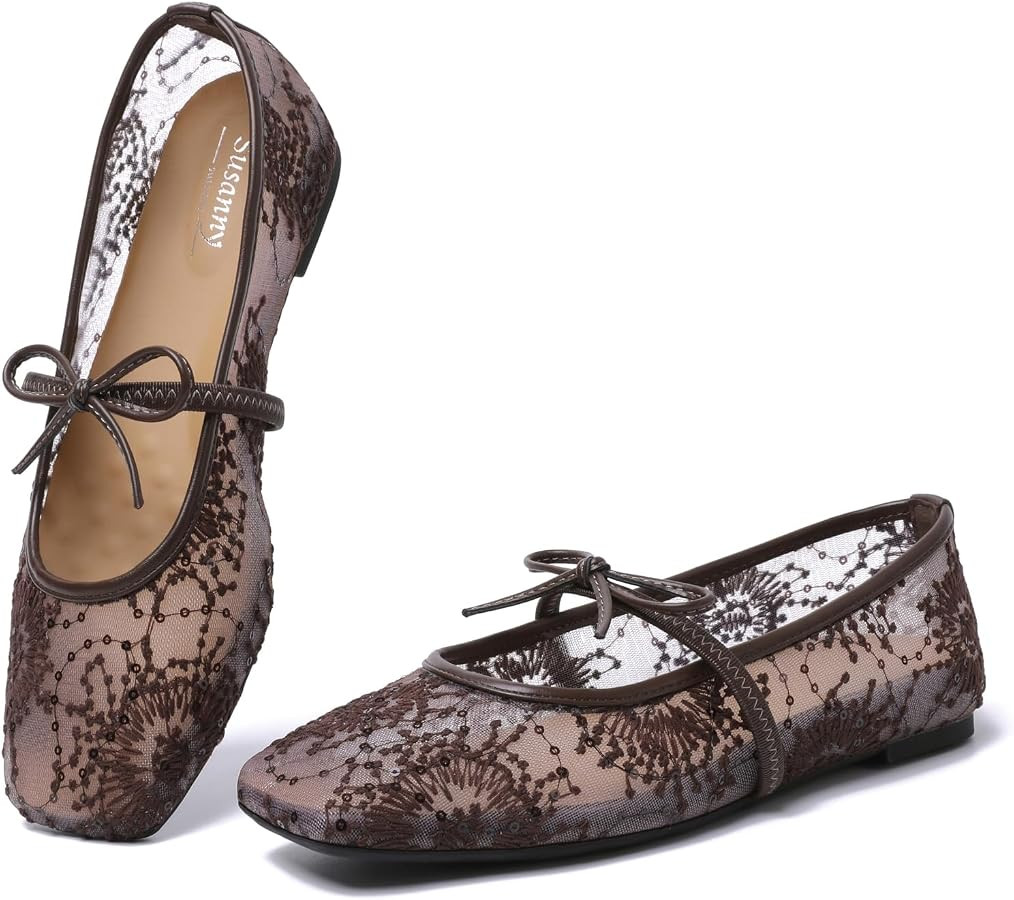 Susanny Square Toe Ballet Flats for Women Mary Jane Shoes with Strap Lace up Bow Flat Shoes Comfo... | Amazon (US)