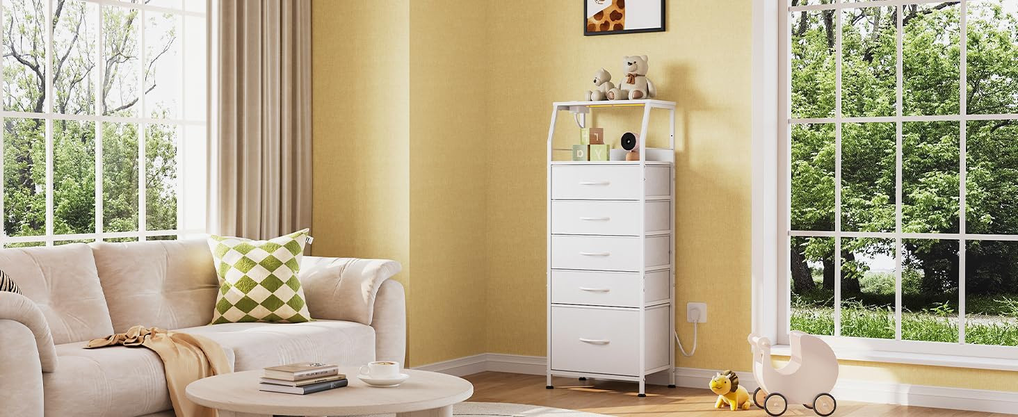 WLIVE LED Nightstand with Charging Station, White Dresser with 5 Fabric Drawers for Bedroom, Tall... | Amazon (US)
