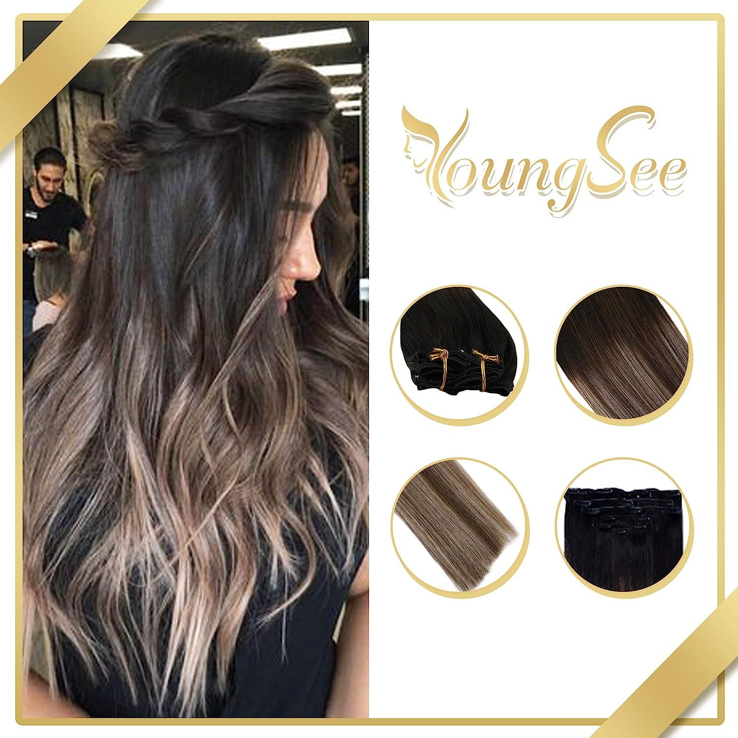 YoungSee 24inch Balayage Extensions Clip in Human Hair Dip Dyed Natural Black Fading to Dark Brow... | Amazon (US)