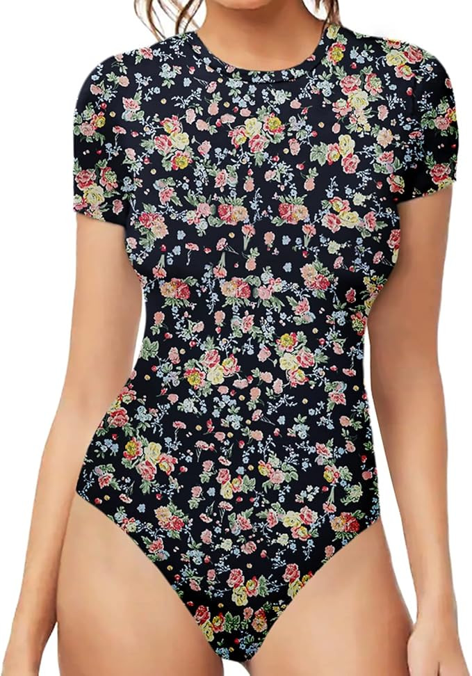 MANGOPOP Women's Crew Neck Short Sleeve Long Sleeve T Shirts Bodysuit Jumpsuit | Amazon (US)