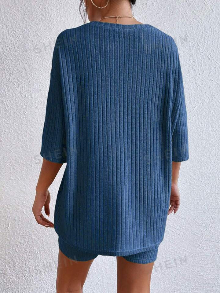 SHEIN Essnce Women's Summer Casual Solid Color Short Sleeve Top And Shorts Set | SHEIN