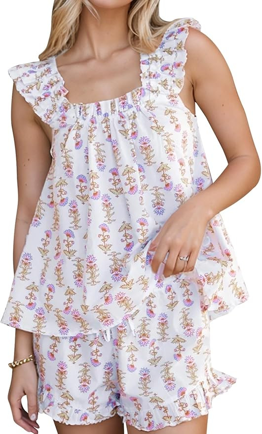 Kissonic Womens Ruffle Pajamas Set 2 Piece Summer PJs for Women Floral Pajama Ruffle Trim Cami To... | Amazon (US)