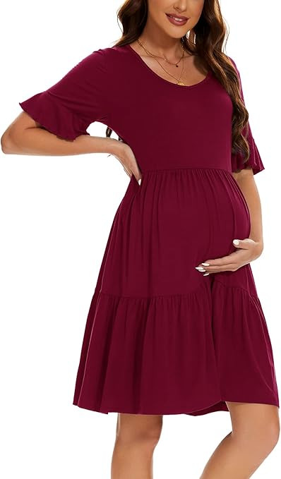 Smallshow Women's Maternity Dress Ruffle Short Sleeve Pregnancy Clothes Summer | Amazon (US)