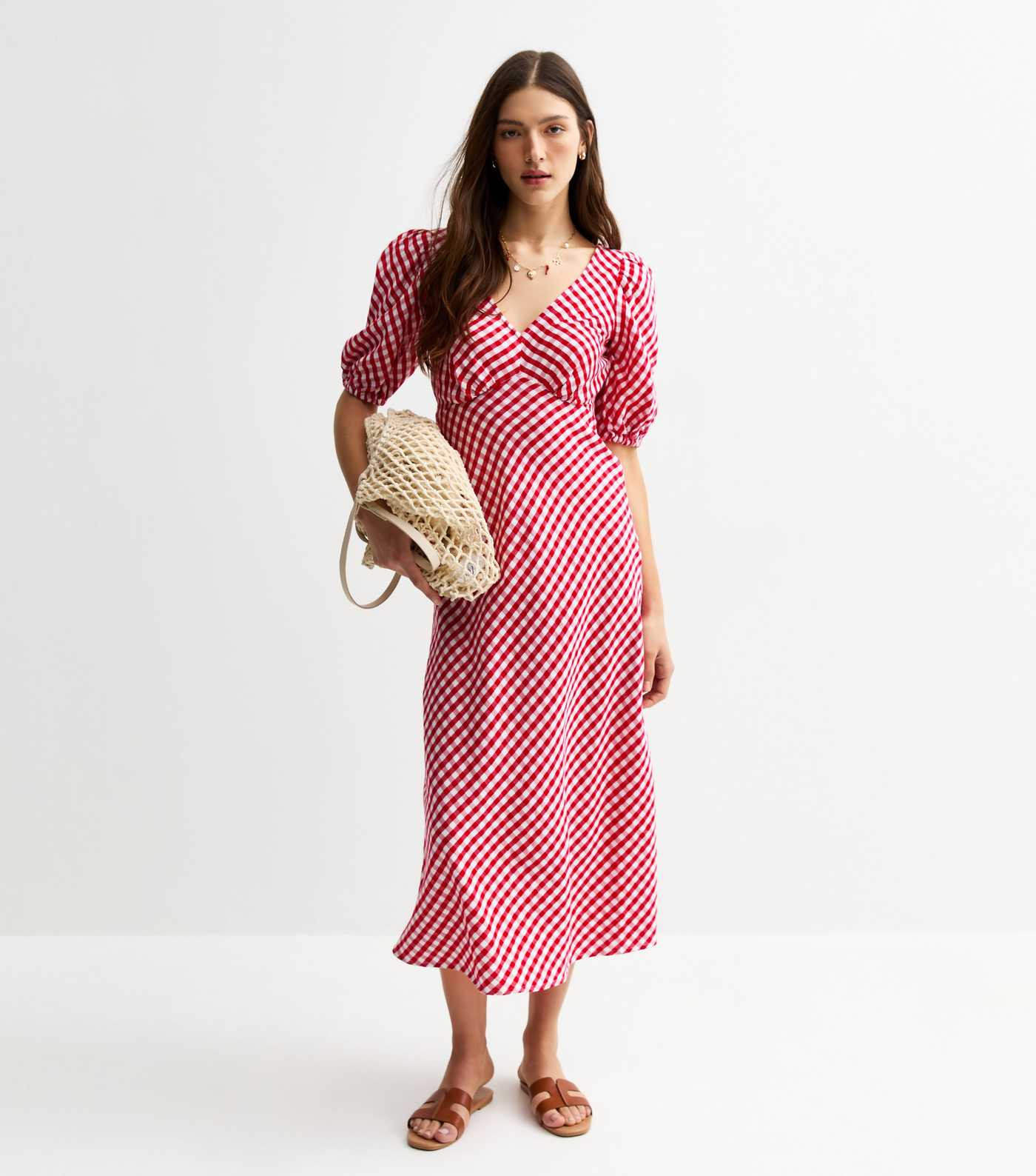 Red Gingham Bow Back Midi Dress | New Look | New Look (UK)