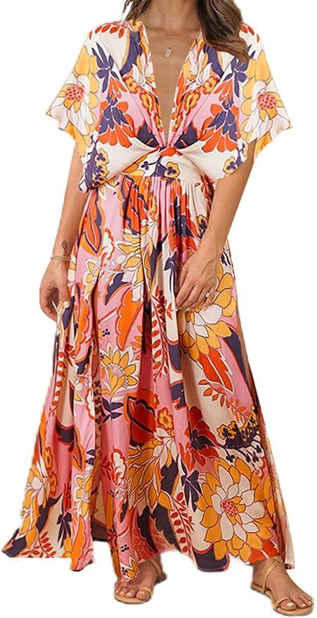 LYANER Women's Floral Boho Deep V Neck Batwing Short Sleeve High Waist Split Slit Shift Dress | Amazon (US)