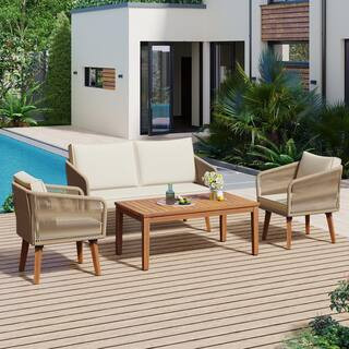 4-Piece Solid Wood Patio Conversation Set, 2 Chairs, Table and Loveseat with Beige Cushions for Backyard, Garden | The Home Depot